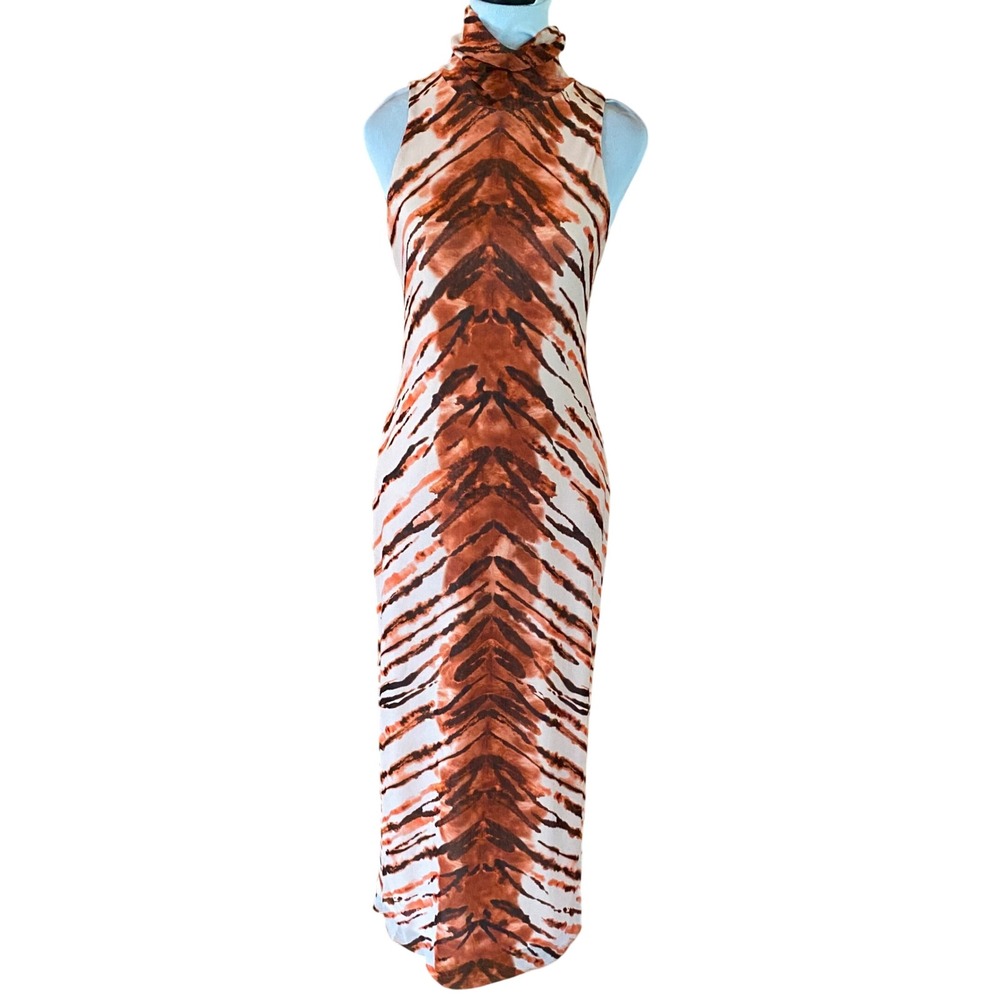 AFRM Tiger Print Mesh Mock Neck Sleeveless Midi Dress Orange Medium